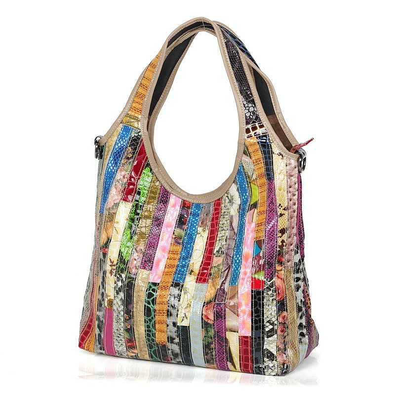 Shoulder Bag - Genuine Leather Striped Handbag – Retro & Elegant Everyday Bag