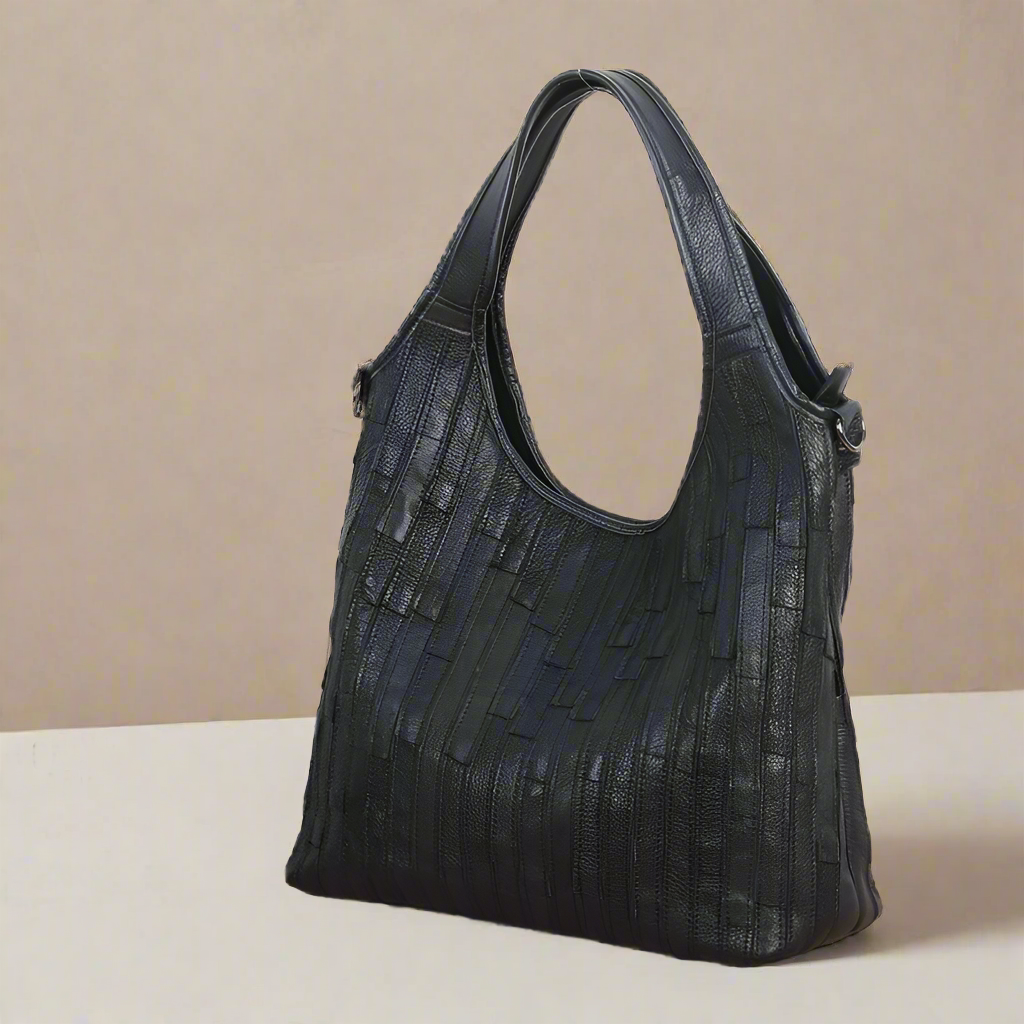 Shoulder Bag - Genuine Leather Striped Handbag – Retro & Elegant Everyday Bag